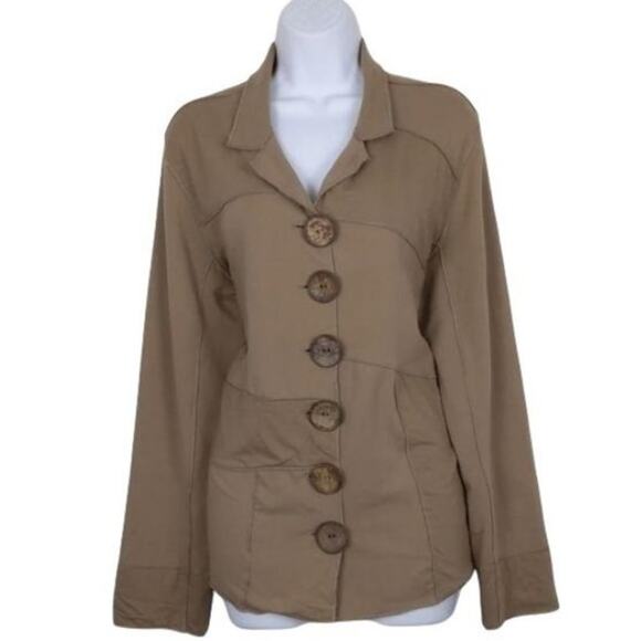 Keren Hart Tan Patchwork Cotton Knit Stretch Neutral Fall Jacket Button Down S - Picture 2 of 10